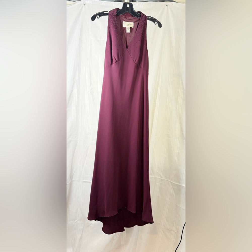 Evan Picone Sleeveless Burgundy Maxi Dress with Beaded Bodice